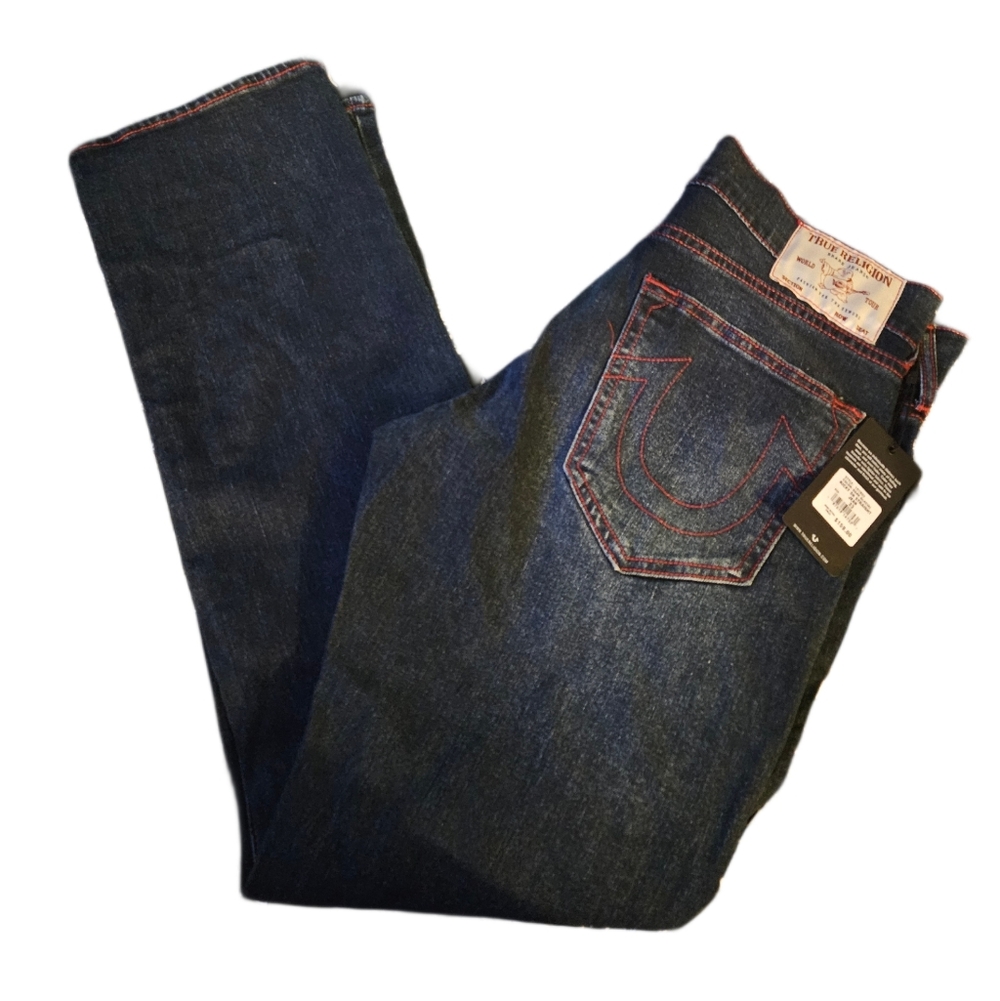 NWT True Religion Ricky SN Straight Dark Glacial Jeans - Red Contrast Stitch -33